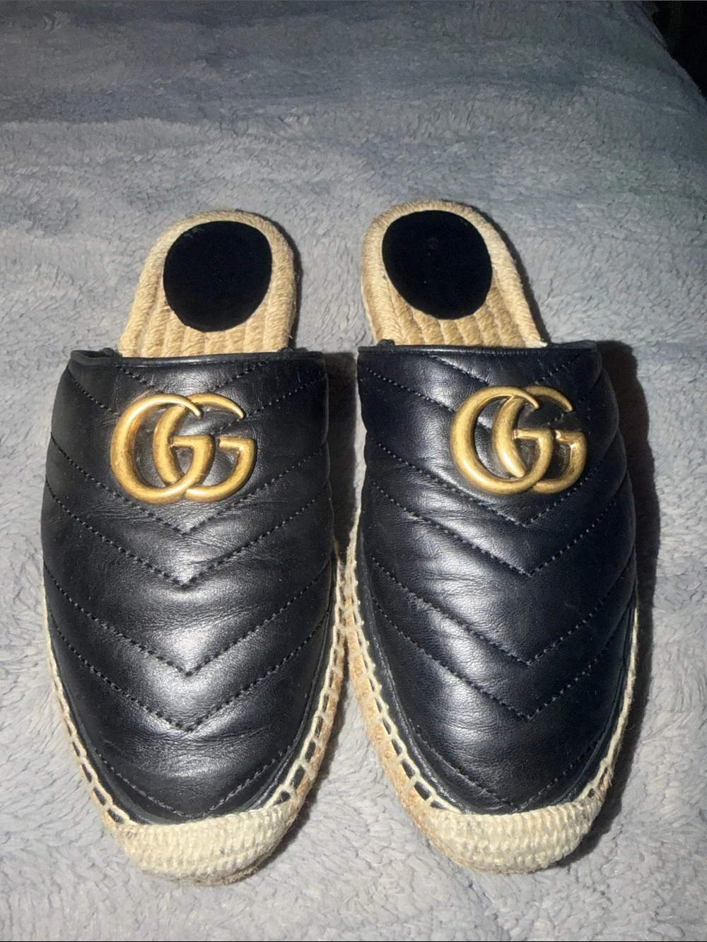Preloved Gucci Black Quilted Leather Espadrille Mules with Gold GG size38